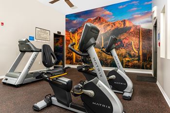 A gym with a wall mural and a row of exercise bikes at 55+ FountainGlen Valencia, Valencia, CA